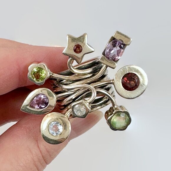 Gemstone Ring, Sterling Silver, One of a Kind, Funky, Vintage, Amethyst, Peridot - Picture 4 of 6